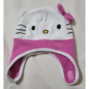 Hello Kitty Beanie Hat Girls Sz OSFM White Pink Sanrio Winter Cap Ear Flaps GUC